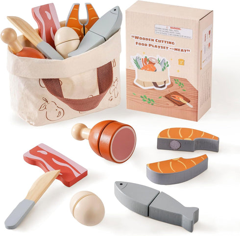 ROBOTIME Wooden Play Food Cutting Meat & Eggs Set, Pretend Play Toy
