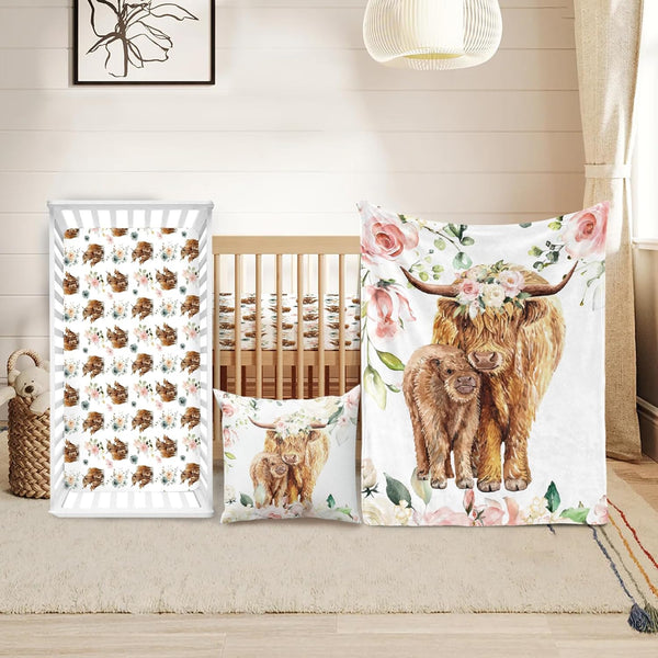 Baby Crib Bedding Set - Highland Cow Design Nursery Bedding 3 Pcs
