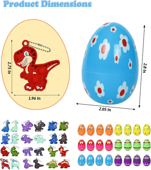 24 Pack Prefilled Easter Eggs with Dinosaur Pop Keychain Toys for Egg Hunt Easter Party Favors for Kids Boys Girls