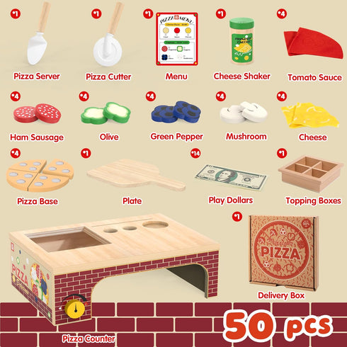 3+, Playset 3 4 5 6 Wooden Pizza Toy - Montessori Pretend Play Food for Ages Educational Learning Toy Wooden with Bake
