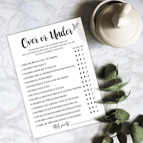 White Theme Bridal Shower Games for 25 Guests - Over or Under Bridal Games, Wedding Advice Cards for Reception