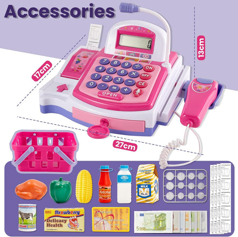 3 4-8+ BUYGER Kids Cash Register Toy with Scanner, Receipt Printer, Microphone, Shopping Play Food - Pretend Role Play