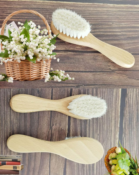 Mocokkiti Set (2 Baby Hair Brush, Goat Bristles Brush and Baby Cradle Cap Brush for Cradle Cap Wood Bristle Brush