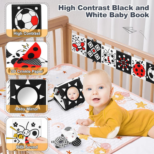 AJsupojouet 0-6 Tummy 0 2 4 6 Newborn Toys,High Contrast Black & White Baby Toys Months with Sensory Cards & Rattle