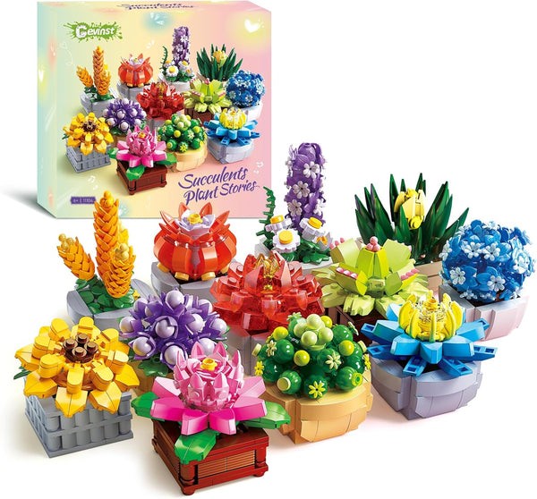 Flowers Succulents Building Sets, 12 Tiny Plants, Office Home Decor Botanical Collection