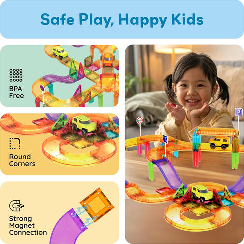60pc Set 3 PTMR60 PicassoTiles Magnetic Tile Race Car Track STEM Construction Road Kit Building Blocks for Kids