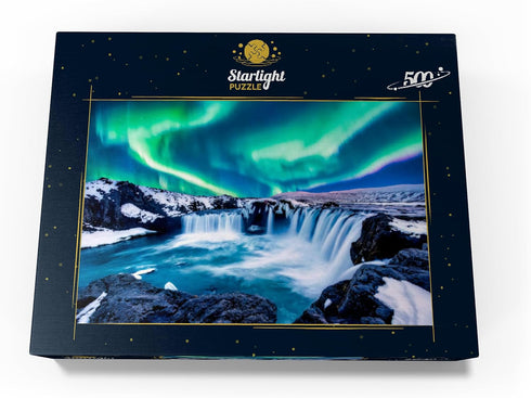 MyPuzzle Northern Lights Over Godafoss Waterfall in Iceland Premium 500 Piece Jigsaw Puzzle for Adults