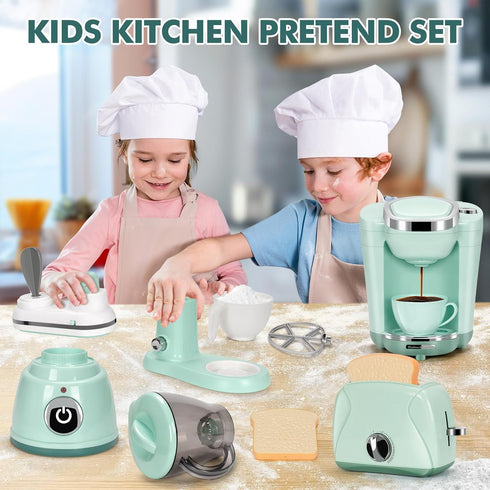 Pretend Play Kitchen Appliances Toy Set with Coffee Maker, Mixer, Toaster, Blender, and Accessories for Kids