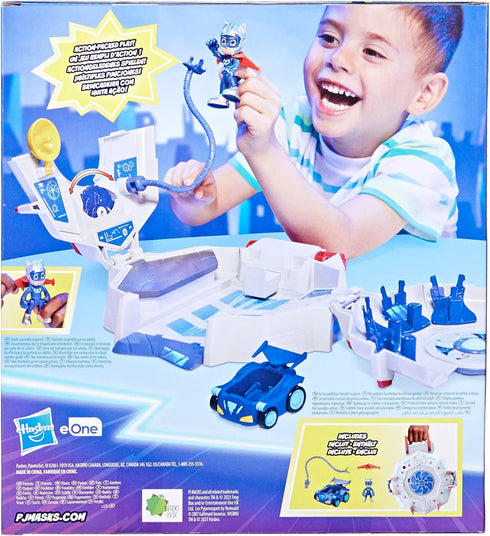 PJ Masks Power Heroes PJ Power Q Playset, Headquarters Set with Car and Figure, Superhero Toys for 3+