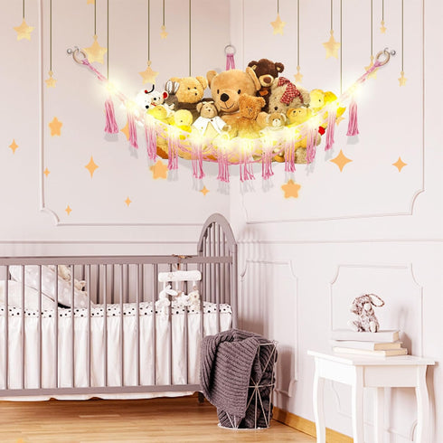 CERETIA Hammock Stuffed Animal with LED Light, Large Stuffed Animals Storage Corner Plushie Net for Kids Room Decor