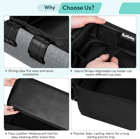Double Sided Stroller Tray for Wonderfold Wagon - Kids Snacks & Activities, Faux Leather Sides, 4 Cup Holders