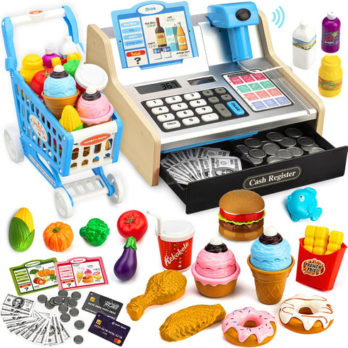 Wooden Cash Register for Kids with Shopping Cart Rechargeable Kid Cash Register