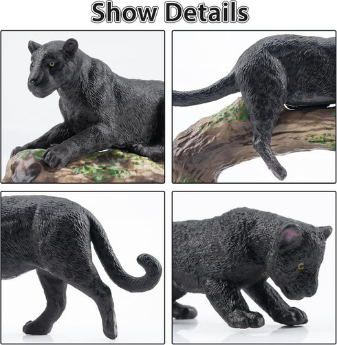 7PCS Playset, Toymany Black Panthers Figurines with Panther Cub and Tree Trunk, Realistic Jungle Animals Figures Family