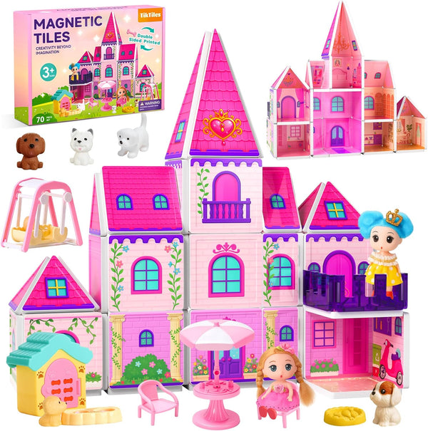 Magnetic Tiles Doll House Building Toys Set with Double Sided Printed Design,