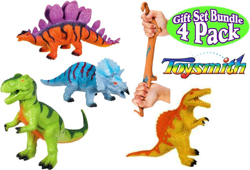 Toysmith Dinosaur Squishimals Blue, Green, Orange & Yellow Complete Gift Set Bundle