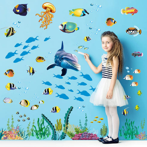 Creative 3D Ocean Fish Wall Sticker, Removable DIY Under The Sea Coral Grass Decal for Kids Nursery Decor