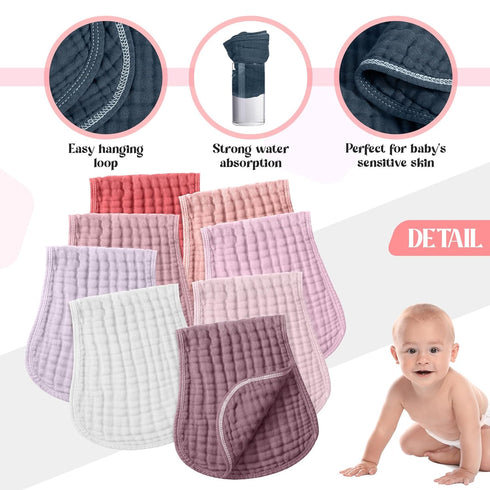 Frienda 8 Pieces Muslin Burp Cloths for Baby, Cotton Washcloths, 10 x 20 Inches, 4 Absorbent Layers (Pink Purple)