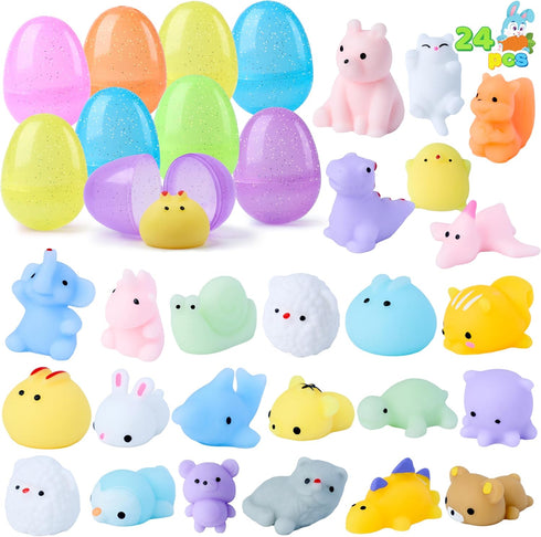 24 JOYIN Pcs Easter Prefilled Eggs with Mochi Squishy Toys, Animal Stress Reliever Squishy Toy for Glitter Transparent