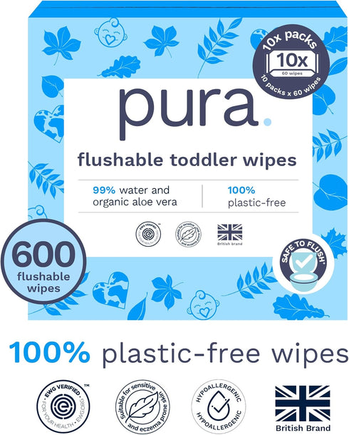 Pura Flushable Toddler Wipes 10 x 60 Wipes, 100% Plastic Free, Hypoallergenic & Fragrance Free