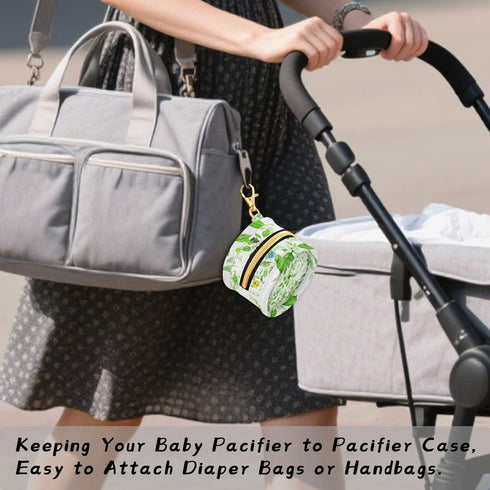 PYBUG Leaves Round Pacifier Storage Case, Polyester & TPU Lined with Hook Buckle, Pacifier Container Box for Baby