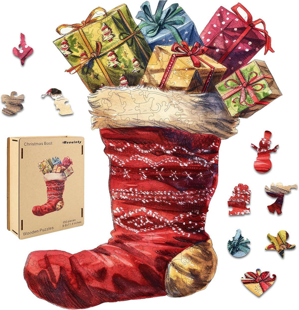 Wooden Puzzle for Adults - Christmas Boots Wooden Jigsaw Puzzles (150 pcs) - Beautiful Puzzle with Box