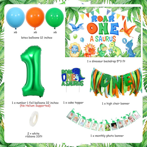 1st Dinosaur Birthday Decorations Boy - Roar One Backdrop, Dinosaur Monthly Photo Banner, Cake Topper, High Chair