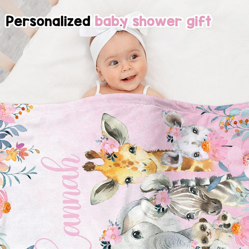 J&SBGFT 30"x40", Color6 Personalized Baby Girl Blanket, Customized Safari Swaddle, Name Receiving Blanket, Custom