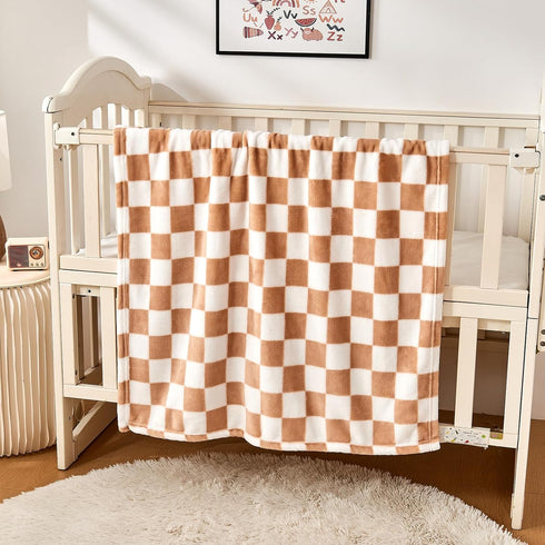 Checkered Baby Blanket, Fleece Baby Blankets, 30''x40'', Khaki, for Boys Girls