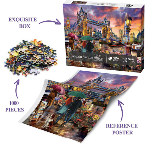 BBOLDIN Sunset 1000 London Landscape Puzzle Pieces for Adult, Europe City Travel Jigsaw Puzzle, Flower Boat Scenic