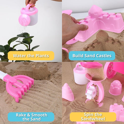 14 Playset Liberty Imports PCS Pink Princess Beach Wagon Plastic Toy for Kids with Castle Molds, Sand Wheel, Water