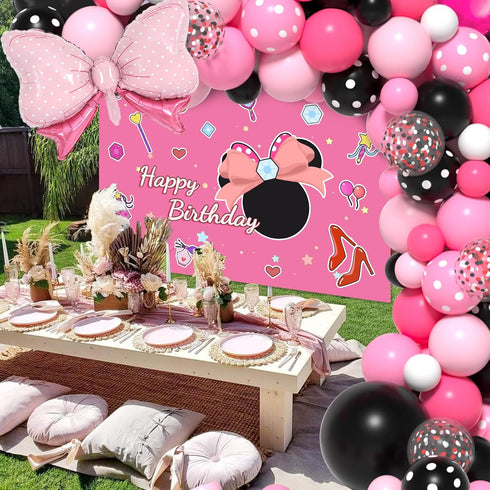 Pink Mouse Birthday Decorations, Pink Mouse Balloon Arch Kit with Backdrop & Tablecloth, 5-12 Inch Balloons for Baby