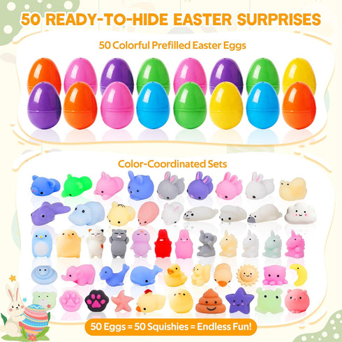 Kiddokids 50 Easter Eggs Prefilled Mochi Squishy, Stress Relief Squishies Toys for Easter Theme Party Favor, Easter