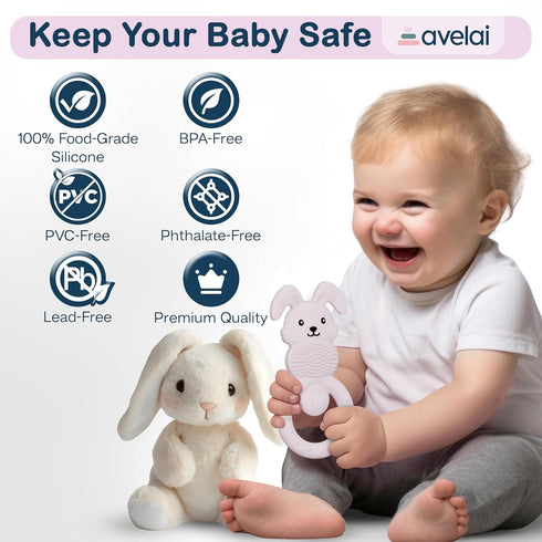 avelai 3-6 0-12 Bunny Baby Teether - Teething Toys for Babies Months Teething Relief, Silicone Baby Teether Toys BPA