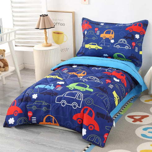 Set 4 Set, Set, Wowelife Car Toddler Bedding for Boys, Pieces Blue Toddler Bed Comforter Standard Toddler Comforter