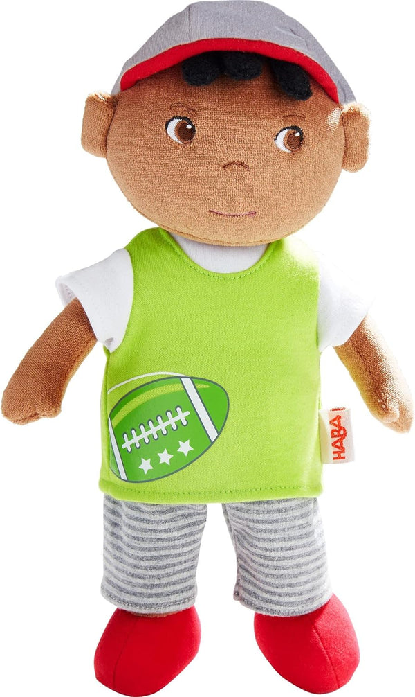 HABA Snug Up Soft Doll Mason - 11.5" Soft Boy Doll with Black Hair, Machine Washable