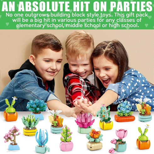 Qinline 24 Pack 6-12, Easter Gifts for Kids Succulents Flower Bouquets Building Blocks with Gift Cards for School, Boy