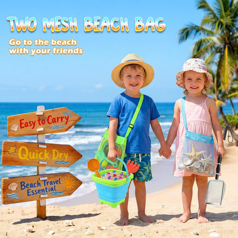 Set 2 3-12 Beach Sand Toys with PCS Adjustable Shark Tooth Sifter, Collapsible Beach Bucket,Sandbox Shovels,Sand Castle