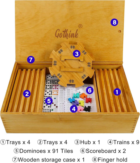 Set, 12 Set Holders*8, Trains*9, Scoreboards*2, GOTHINK Mexican Train Dominoes Double Dominos for Kids Adults
