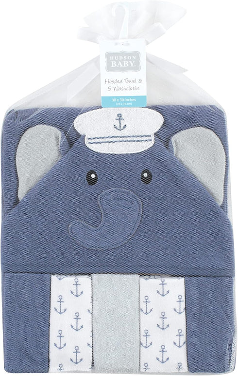 Set Hudson Baby Unisex Hooded Towel with Washcloths - Sailor Elephant Design