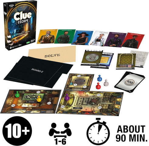 Clue Escape: The Midnight Hotel Board Game - 1-Time Solve Mystery Game for 1-6 Players, Ages 10+