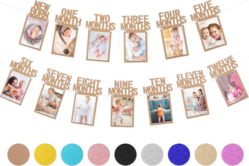 Whaline 1st Birthday Baby Photo Banner for Newborn to 12 Months, Monthly Milestone Bunting Garland Decoration (Kraft)
