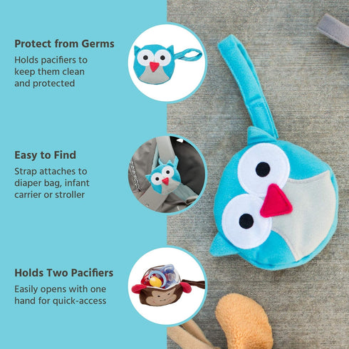 J.L. Childress Pacifier Pal, Pacifier Protector Pocket and Toy, Keeps Binky Protected and Clean, Machine Washable Baby Essentials, Fits 2-3 Pacifiers, Blue Owl