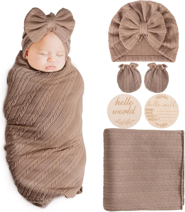 AQOKKA Newborn Receiving Blanket with Bow Hat Mittens Wooden Card Set Wheat-Pattern