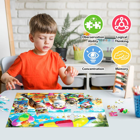 Jeacirio 4-8 6-8 8-10 100 Puzzles for Kids Ages Year Old and Seniors - Funny Cats Puzzle Beach Kitten Jigsaw Puzzles