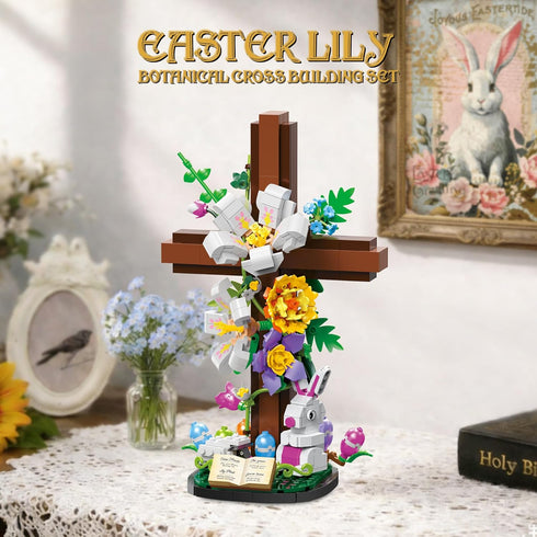 HiDectee Set Christian Cross Flower Building - Jesus Botanical Lily Cross with Bible Base & Spring Garden - Religious