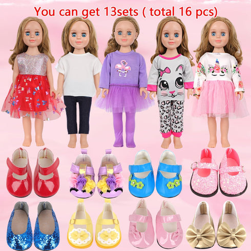 18-Inch 5 Sets 2 (8 Set 3-10 MSYO Doll Clothes & Accessories Kit: Pre-Styled Outfit + Pairs of Shoes Styles Available)
