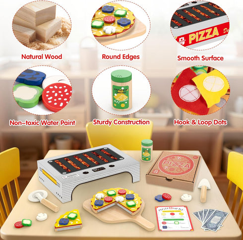 Set, 3 4 5 6, WOODMAM Pizza Toy Montessori Realistic Play Food with Oven Box, Educational Learning Toys