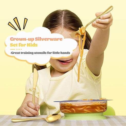12-Piece Gold Kids Silverware, E-far Stainless Steel Toddler Kids Utensils Safe for Preschooler/Children, Includes 4 Forks 4 Spoons 4 Knife, Slimline Look & Small Size, Healthy & Rust Free by E-far