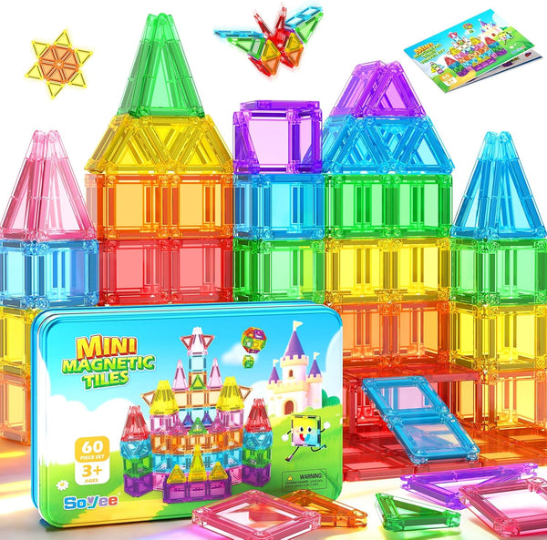 Soyee Mini Travel Magnetic Tiles 60PCS with Metal Tin Case Toddler Kids