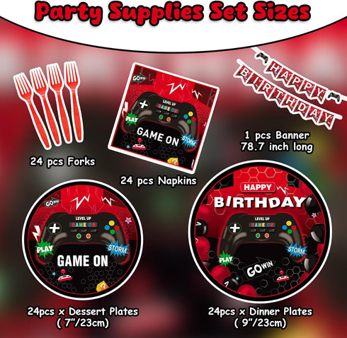 Gamer Theme Party Kit for 24 Guests - 97 Pcs Including Plates, Forks, Napkins, Bunting - Level Up Your Birthday Bash with Epic Gaming Decor